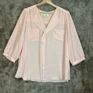 Elle L Large Blush Seashell Pink Scalloped Chiffon Crepe Blouse Button Down Top